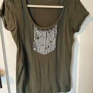 Calvin Klein Olive Scoop Neck Short Sleeve Top with Silver Sequins